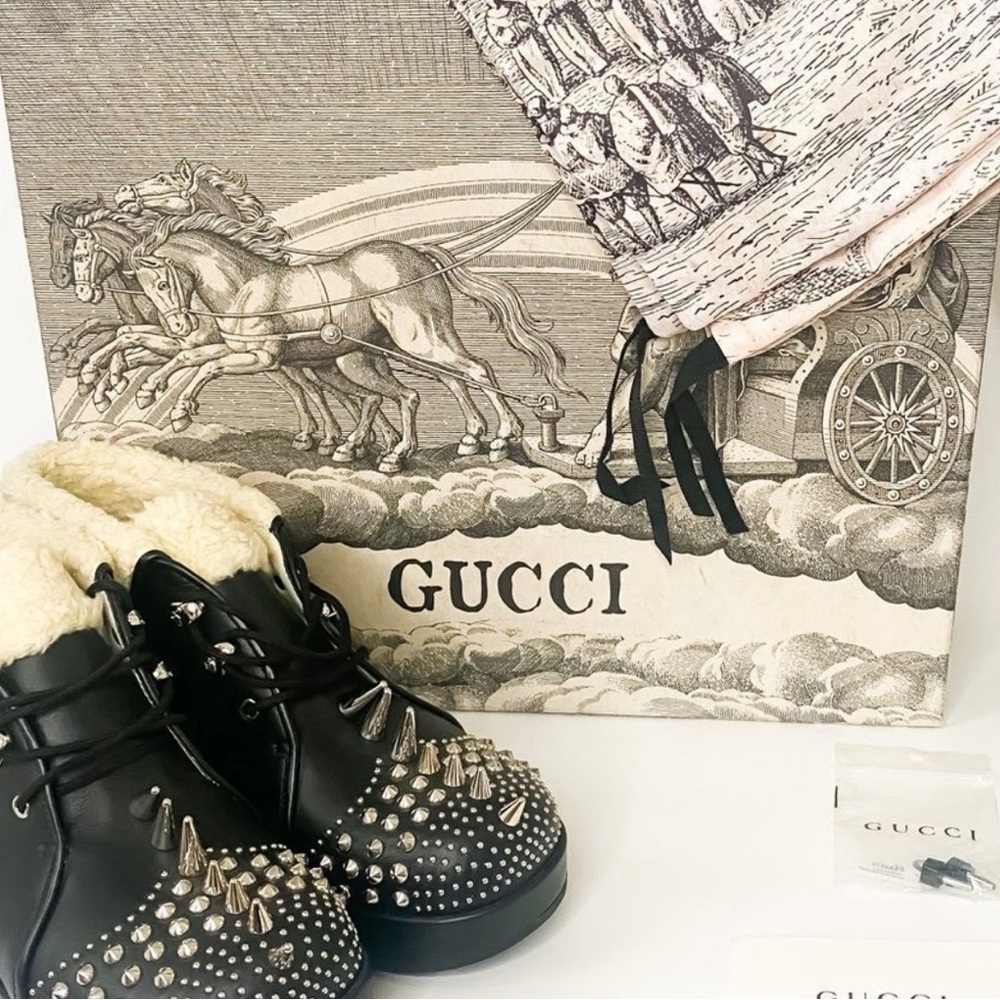 Gucci Bootie Leather Harlem New Peluche Nagoya Black Studded Boots